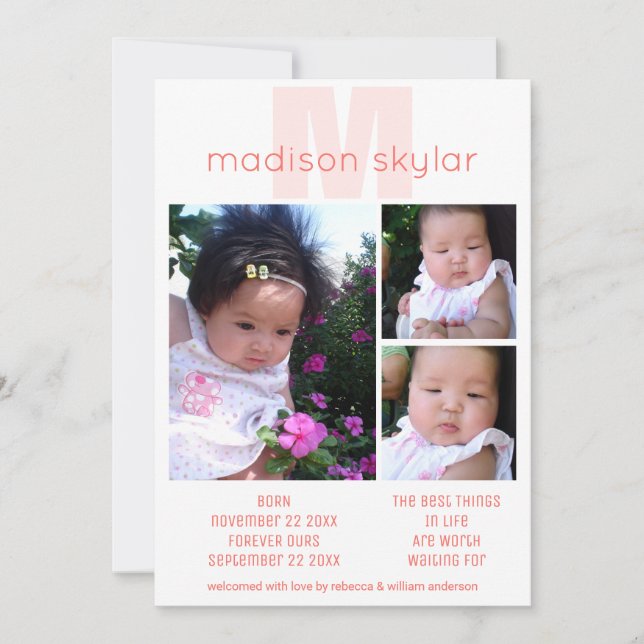 Coral Monogram Simple Adoption 3 Photo Collage Announcement (Front)