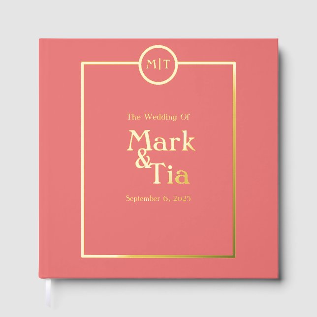 Coral Monogram Wedding Foil Guest Book (Front)