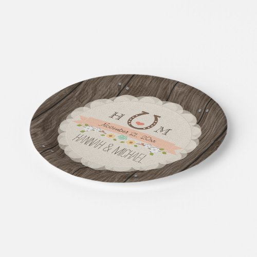 Coral Monogrammed Horseshoe Heart Wedding Paper Plates