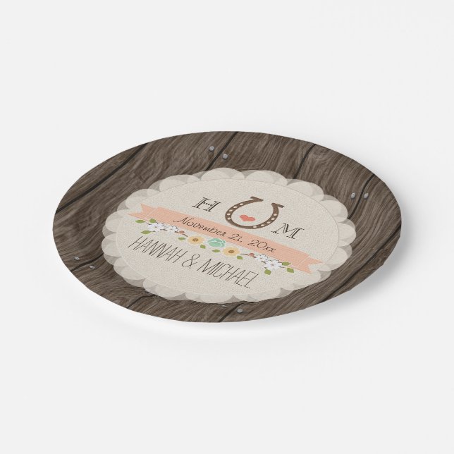 Coral Monogrammed Horseshoe Heart Wedding Paper Plates (Angled)