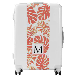 Coral monstera, palm leaves monogram tropical luggage