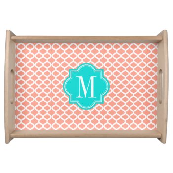 Coral Moroccan Pattern With Turquoise Monogram Serving Tray by PastelCrown at Zazzle