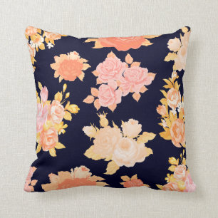 Coral & Mustard Roses on Navy Cotton Pillow