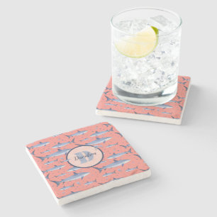 Coral Name + Watercolor Monogram Shark Jellyfish Stone Coaster