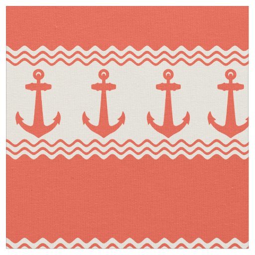 Coral Nautical Anchor Coastal Stripes Fabric