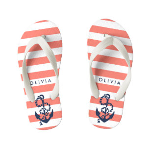 Coral Nautical Anchor Girls Flip Flops