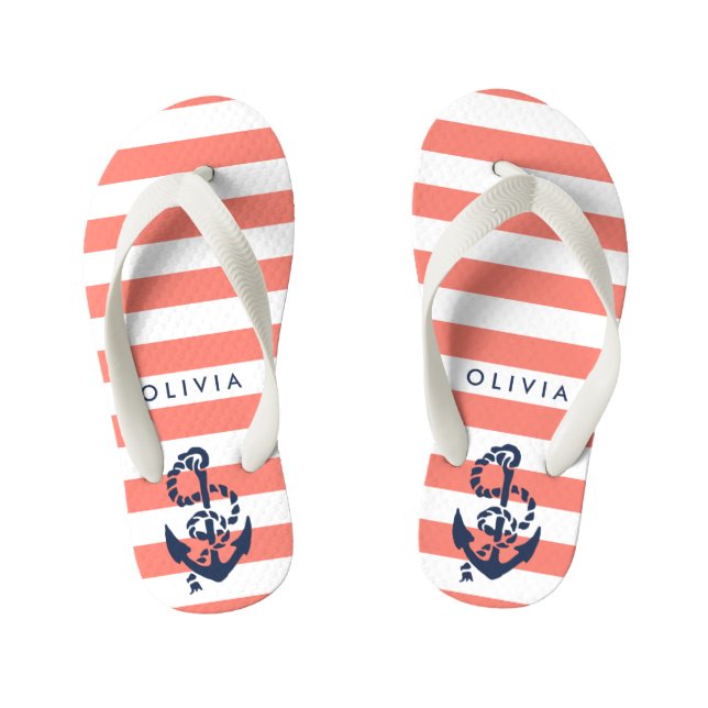 Coral Nautical Anchor Girls Flip Flops (Footbed)