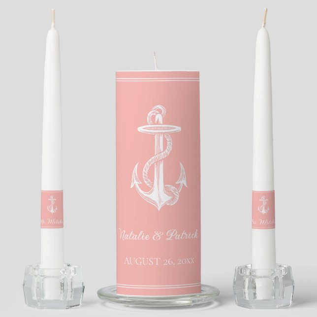 Coral Nautical Anchor Unity Candle Set (Front)
