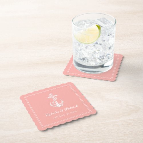 Coral Nautical Anchor Wedding Paper Coasters