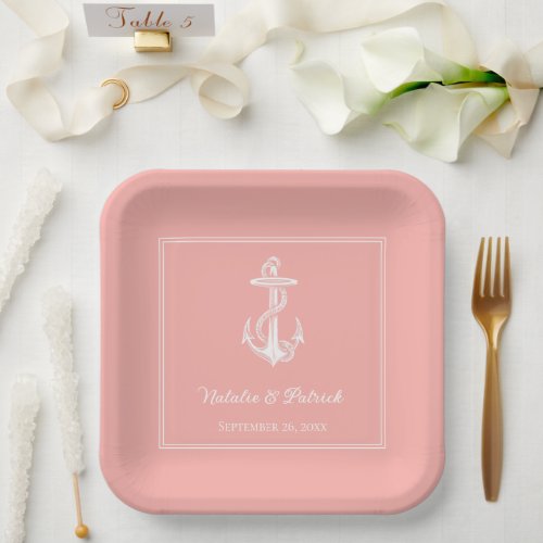 Coral Nautical Anchor Wedding Paper Plates