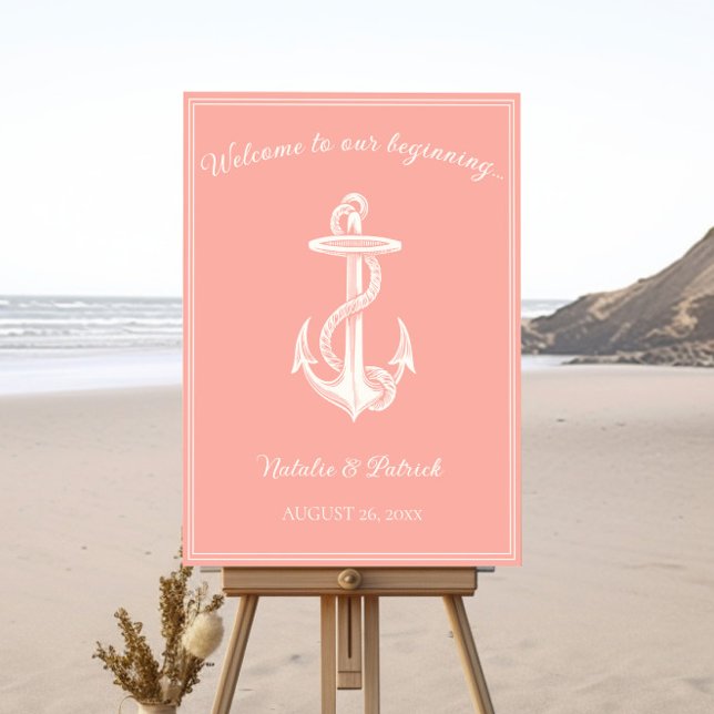 Coral Nautical Anchor Wedding Welcome Sign (Coral Nautical Anchor Wedding Welcome Sign)