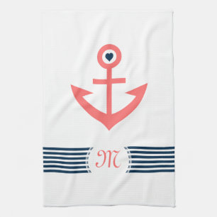 Coral Nautical Boat Anchor Decorative Blue Stripes Kitchen Towel