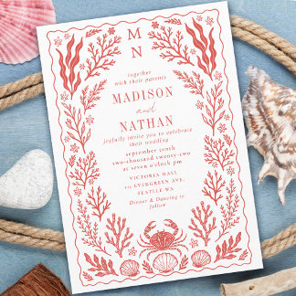Coral Nautical Crab Shell Ocean Beach Wedding Invitation