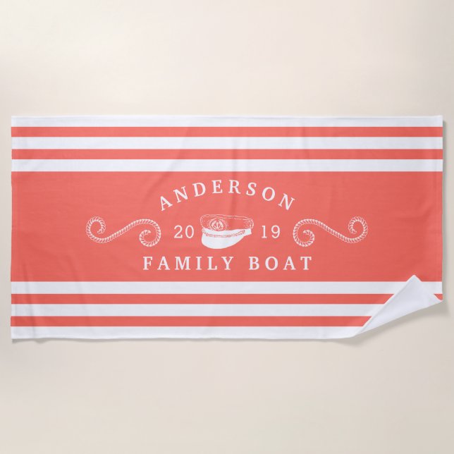 Coral Nautical Family Boat Boating Captain Beach Towel (Front)