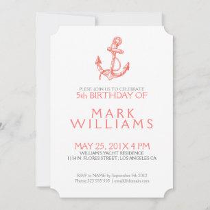 Coral Nautical Floral Anchor Birthday Party Invite