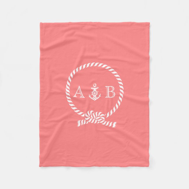 Coral Nautical Rope and Anchor Monogrammed Fleece Blanket