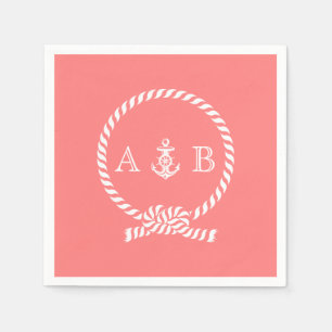 Coral Nautical Rope and Anchor Monogrammed Paper Napkins