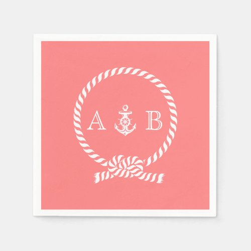 Coral Nautical Rope and Anchor Monogrammed Paper Napkins