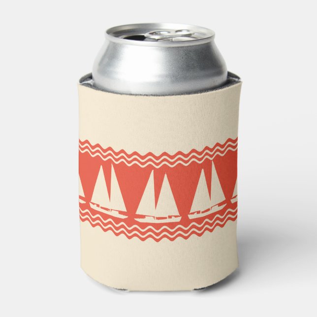 Coral Nautical Sailboat Coastal Stripes Can Cooler (Can Front)
