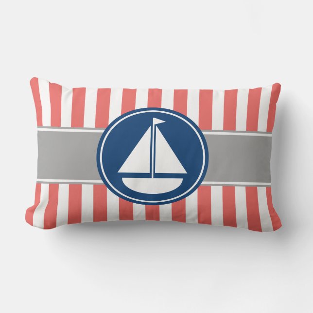 Coral Nautical Sailboat Stripes Lumbar Pillow (Front)