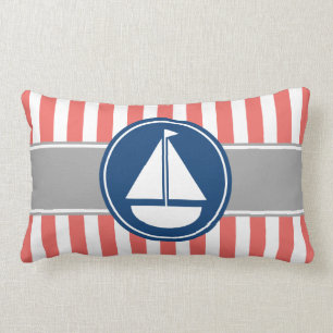 Coral Nautical Sailboat Stripes Lumbar Pillow