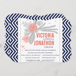 Coral Navy and Gray Zig Zag Romantic Wedding Invitation