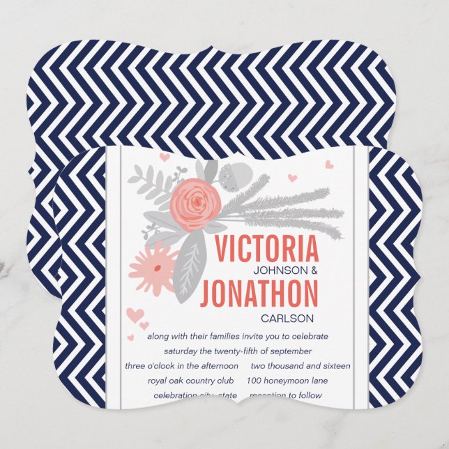 Coral Navy and Gray Zig Zag Romantic Wedding Invitation (Front/Back)