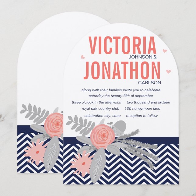 Coral Navy and Pink Zig Zag and Floral Wedding Invitation (Front/Back)