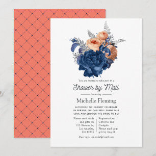 Coral, Navy and Silver Floral Shower by Mail Invitation