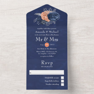 Coral, Navy and Silver Floral Wedding All In One I All In One Invitation