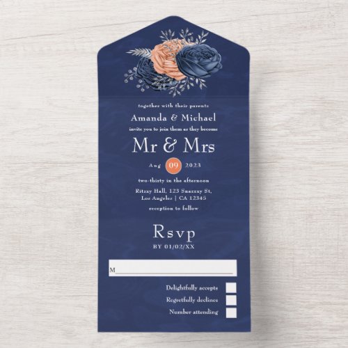 Coral Navy and Silver Floral Wedding All In One I All In One Invitation