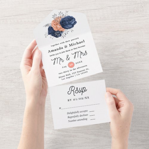 Coral Navy and Silver Floral Wedding All In One Invitation