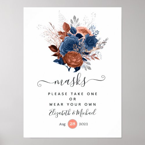Coral Navy and Silver Floral Wedding Face Masks Poster