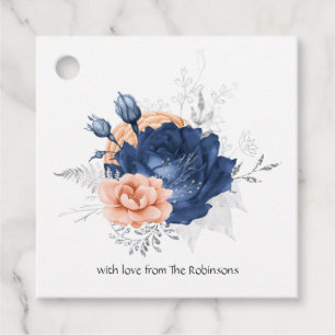 Coral, Navy and Silver Floral Wedding Favor Tags