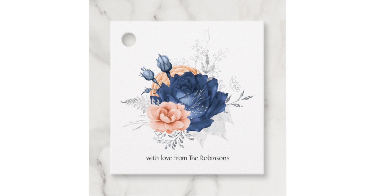 Coral, Navy and Silver Floral Wedding Favor Tags | Zazzle