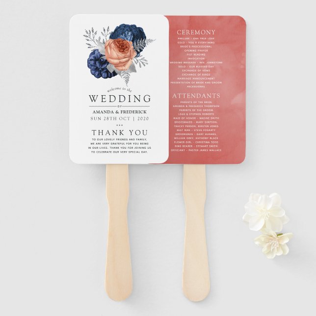 Coral, Navy and Silver Floral Wedding Hand Fan (Front and Back)