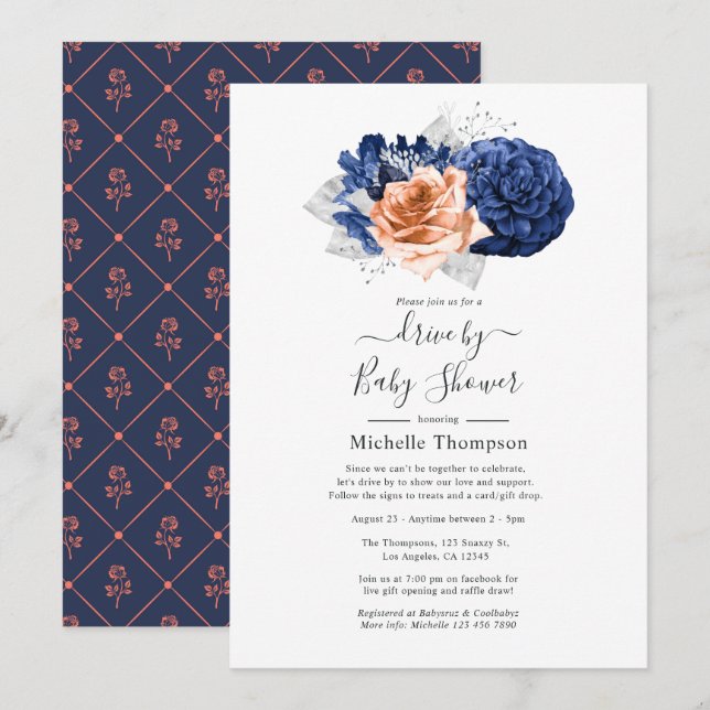 Coral, Navy and Silver Floral Wedding Invitation (Front/Back)