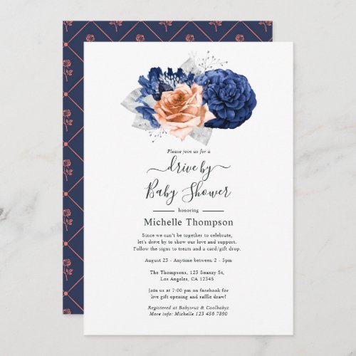 Coral Navy and Silver Floral Wedding Invitation