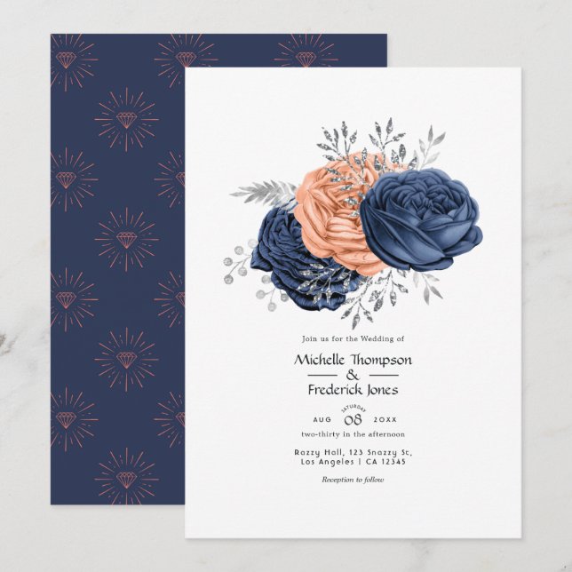 Coral, Navy and Silver Floral Wedding Invitation (Front/Back)