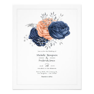 Coral, Navy and Silver Floral Wedding Invitation Flyer