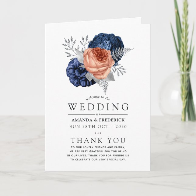 Coral, Navy and Silver Floral Wedding Program (Front)