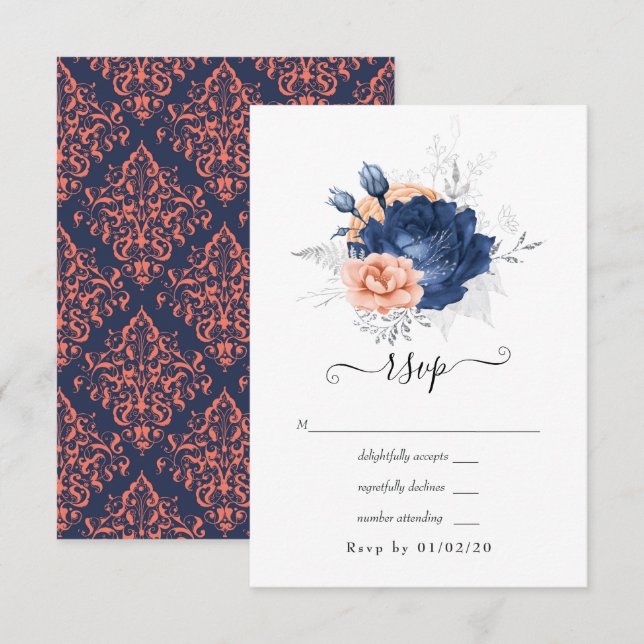 Coral, Navy and Silver Floral Wedding RSVP Card (Front/Back)