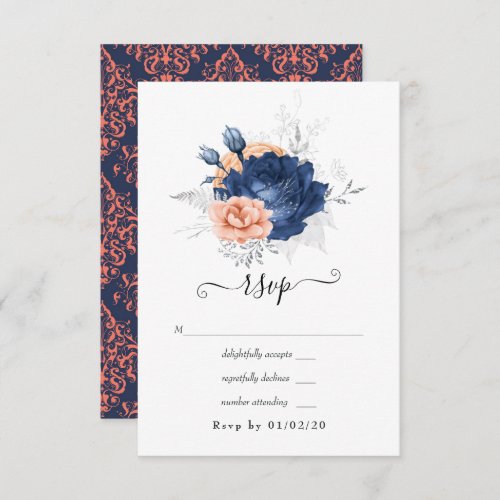 Coral Navy and Silver Floral Wedding RSVP Card