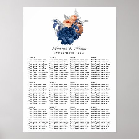 Coral, Navy And Silver Floral Wedding Seating Poster