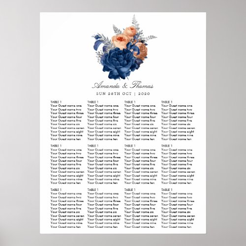 Coral Navy and Silver Floral Wedding Seating Poster