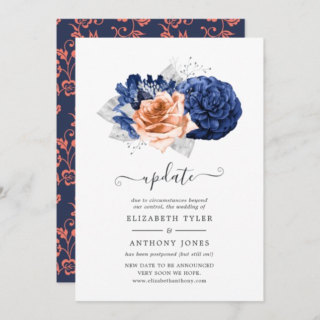 Coral, Navy and Silver Floral Wedding Update Invitation (Front/Back)