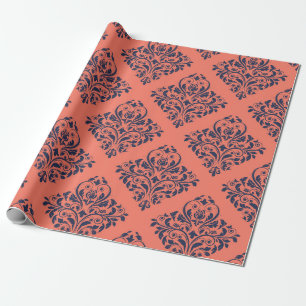 Coral, Navy and Silver Vintage Damask Wrapping Paper