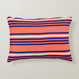 Coral, navy blue and white five stripes pattern accent pillow