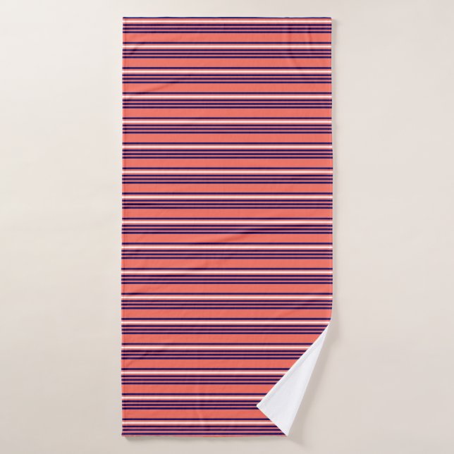 Coral, navy blue and white five stripes pattern bath towel (Bath Towel)