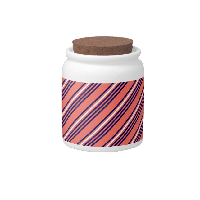 Coral, navy blue and white five stripes pattern candy jar (Front)